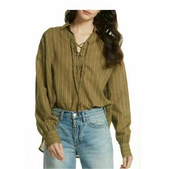 BOGO! Free People Under the Boardwalk Linen Cotton Lace Up Blouse Green Small - Picture 2 of 13